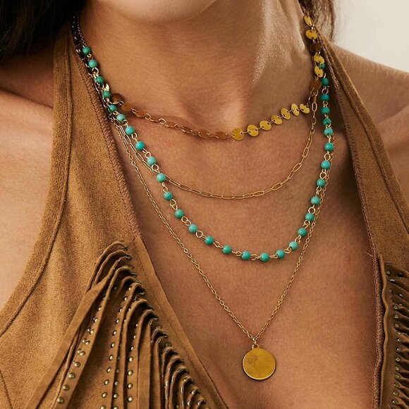 Boho Layered Gold Necklaces for Women with Western Turquoise Pendant Charm - Picture 3 of 7